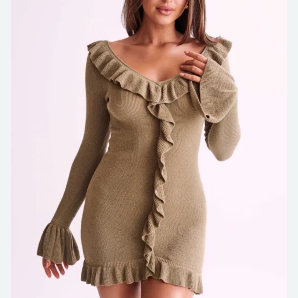 Meshki Tan Ruffled Bodycon Dress with Bell Sleeves